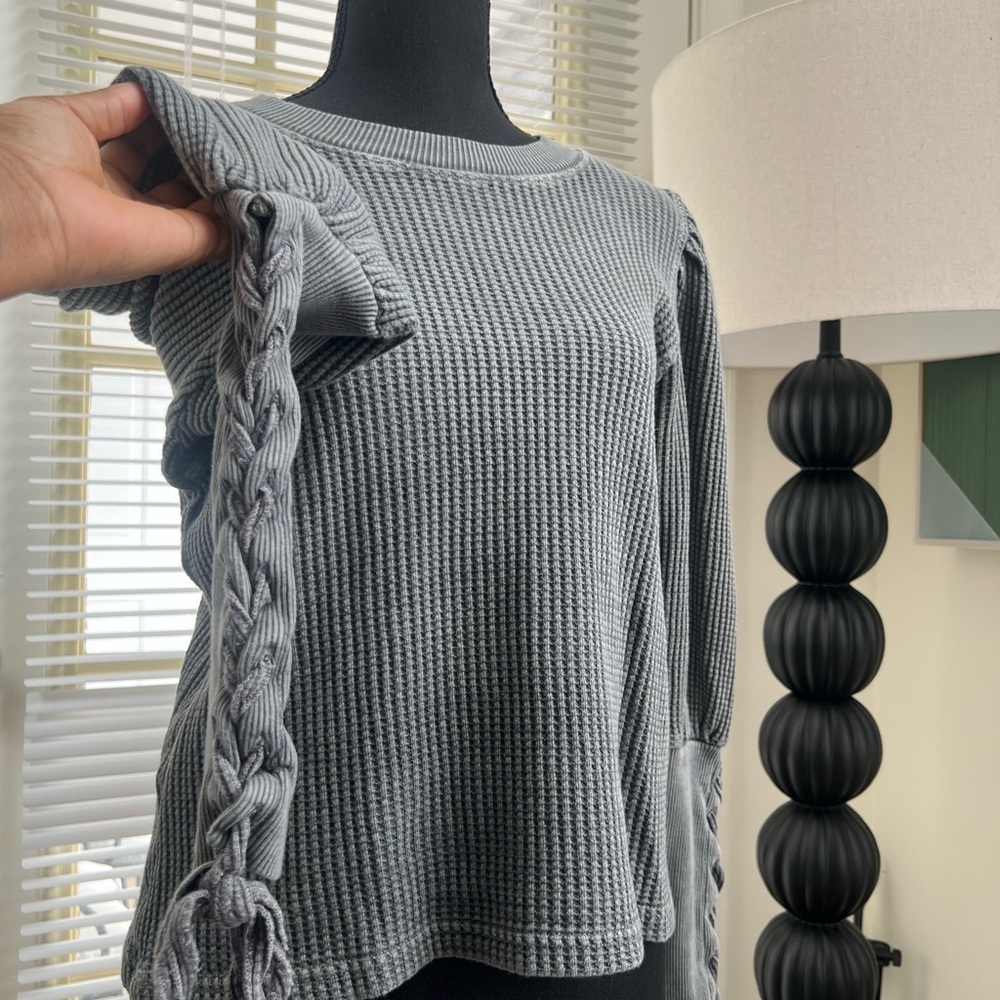 Free People Gray Ribbed Tie Front Long Sleeve Blouse - Picture 5 of 9